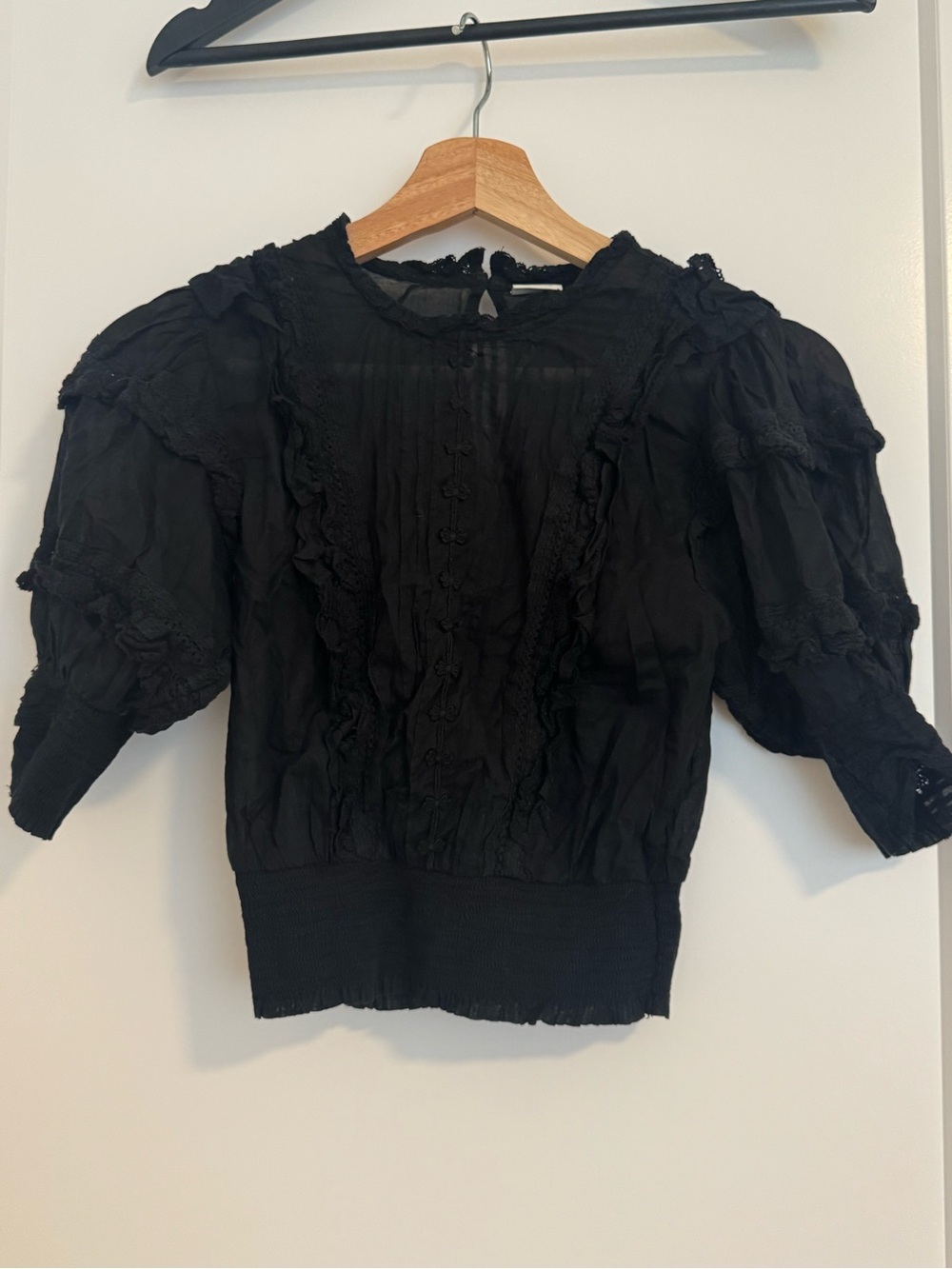 Sunday Best Black Lace-Trim Puff Sleeve Blouse